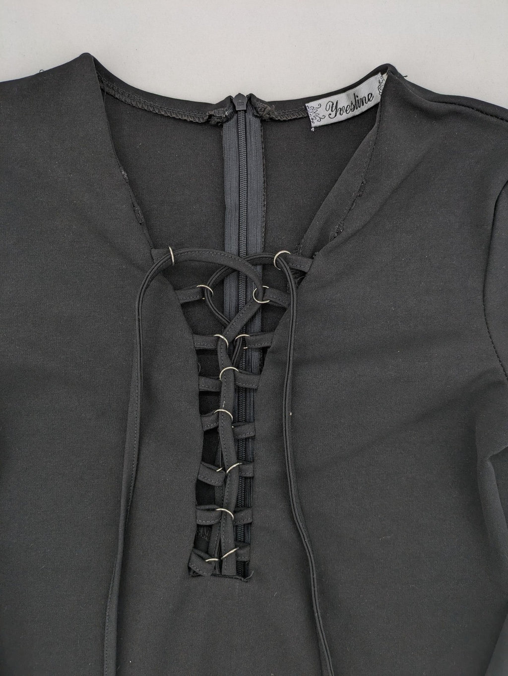 yvesline grey bodycon mini dress with V-neck and lace-up front detail