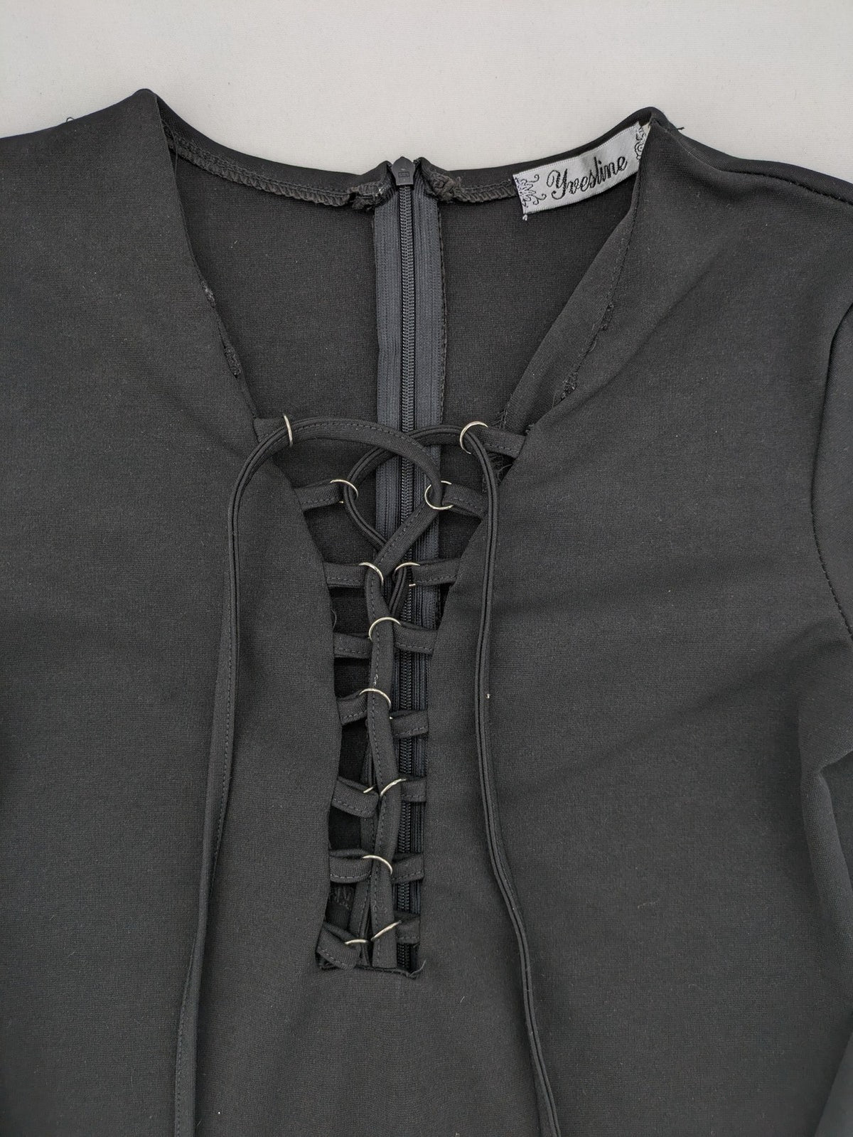 yvesline grey bodycon mini dress with V-neck and lace-up front detail