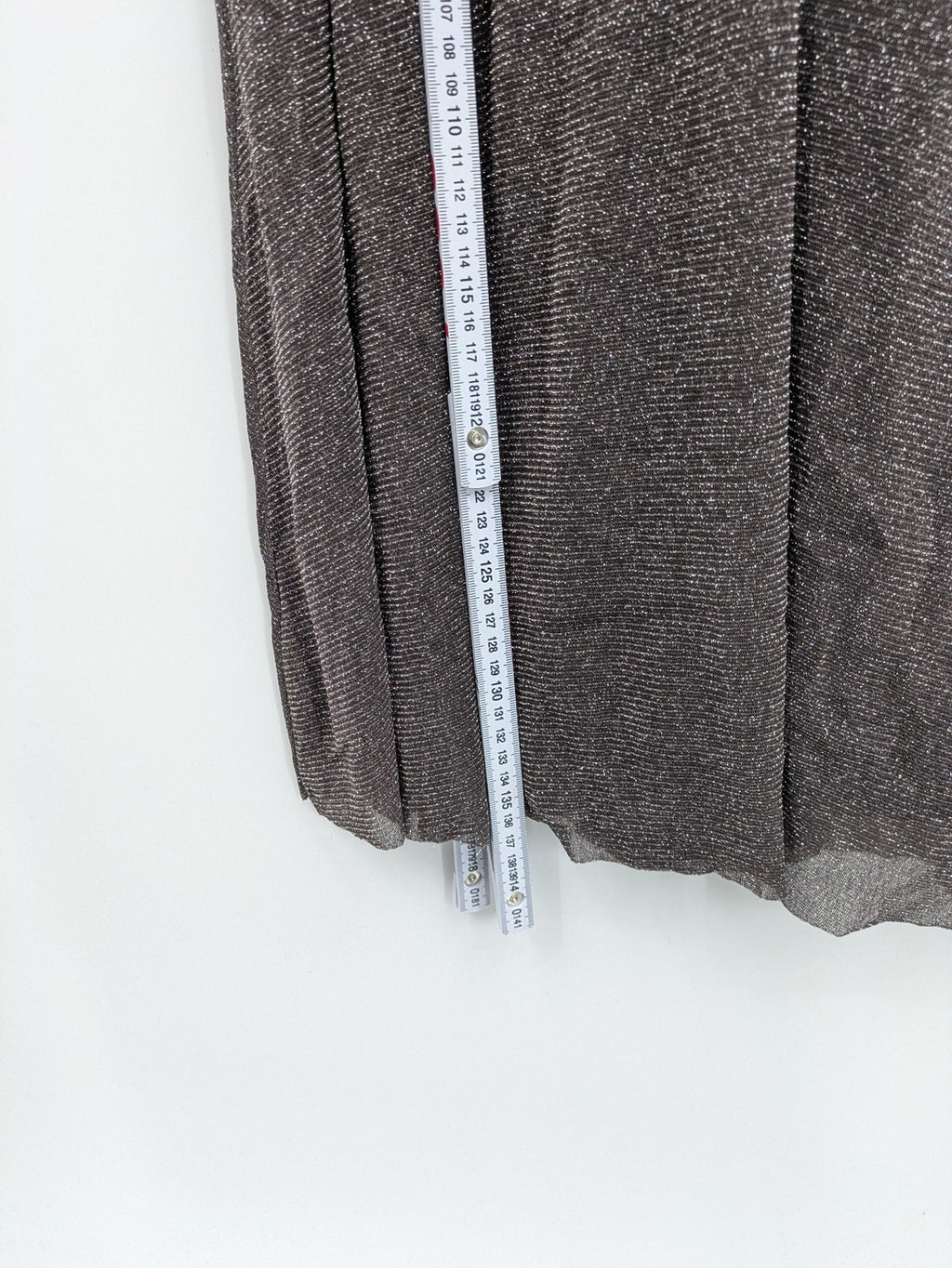 Abendkleid grey A-line dress metallic shimmer draped waist long sheer sleeves
