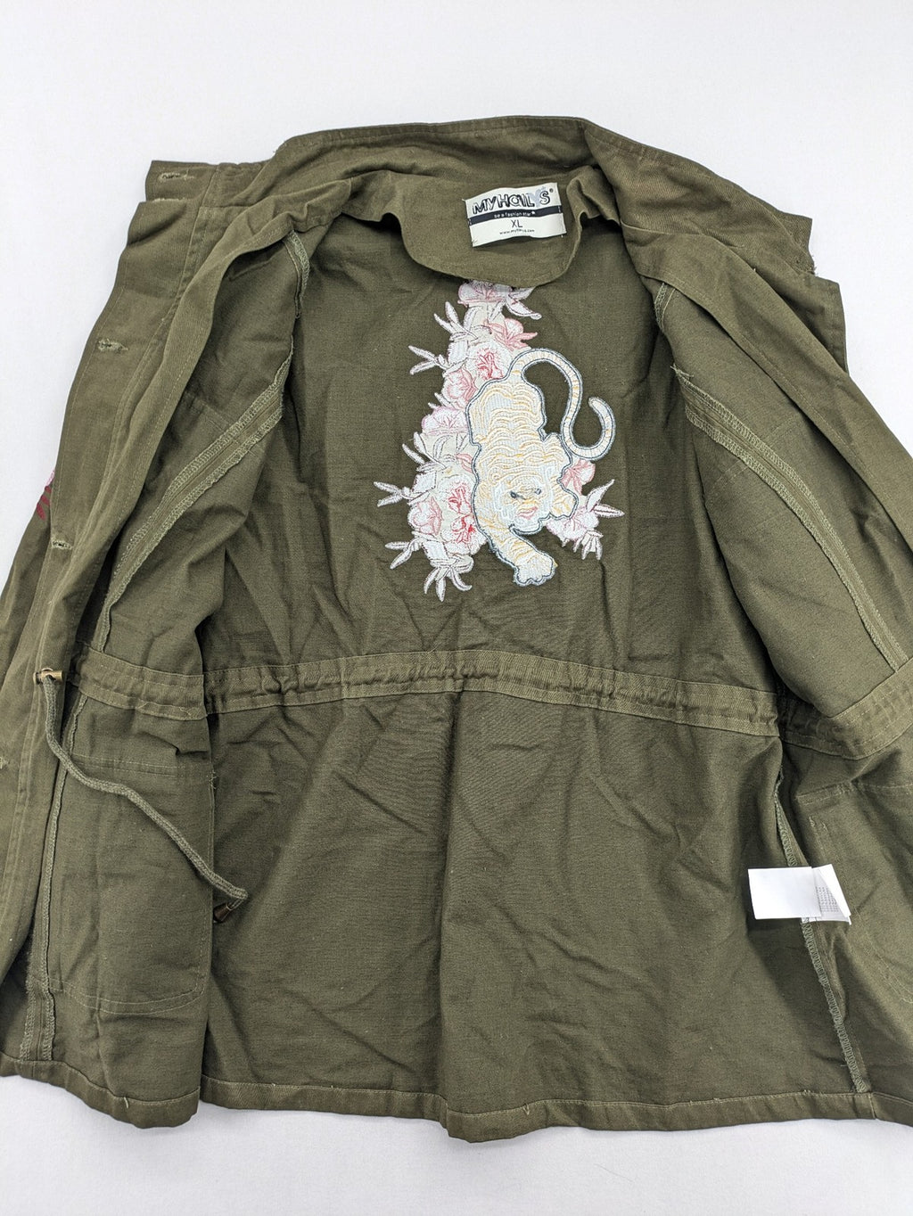 MyHailys green military jacket cotton with embroidered tiger and floral details.