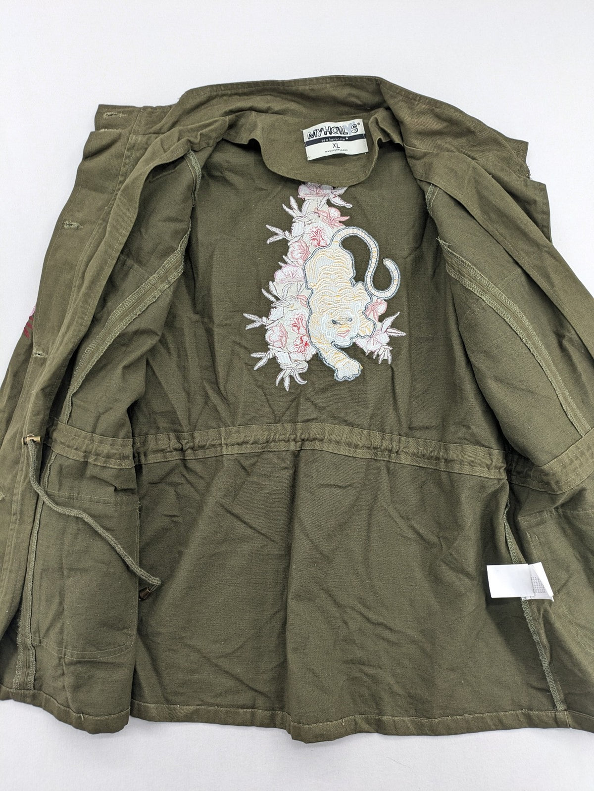 MyHailys green military jacket cotton with embroidered tiger and floral details.