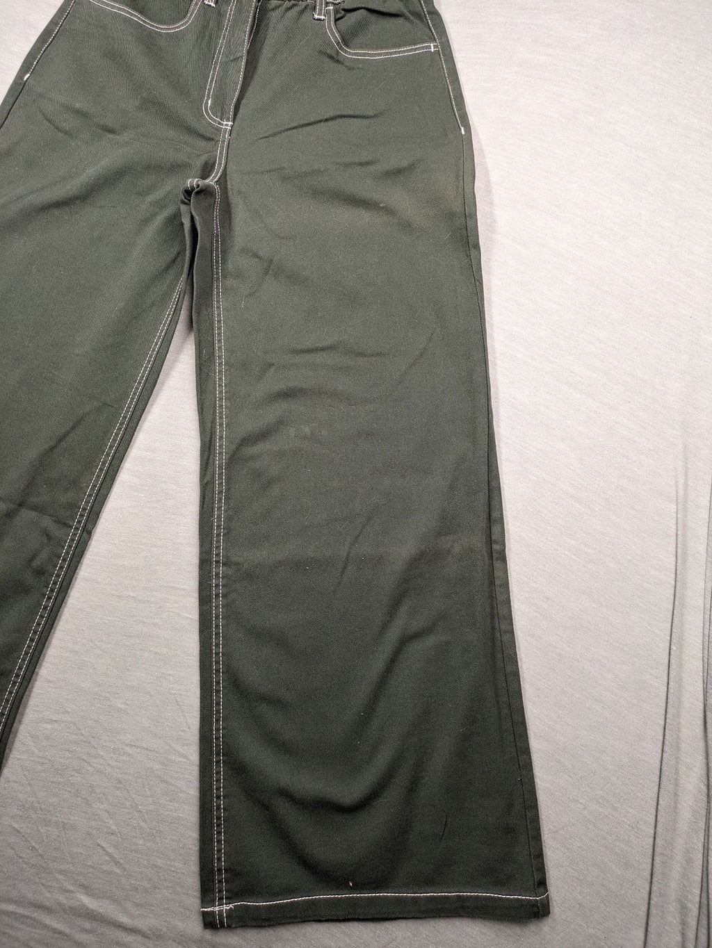 BPC Bonprix green pants wide leg high waist with white contrast stitching