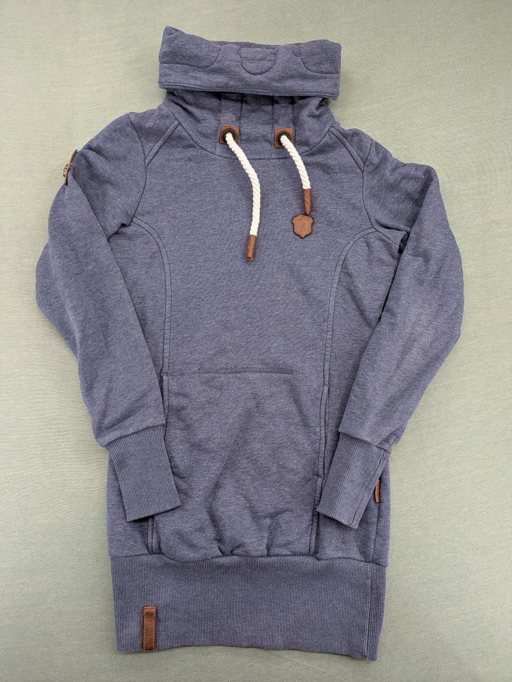 Naketano grey turtle neck jumper with thick drawstring and leather logo appliqué.