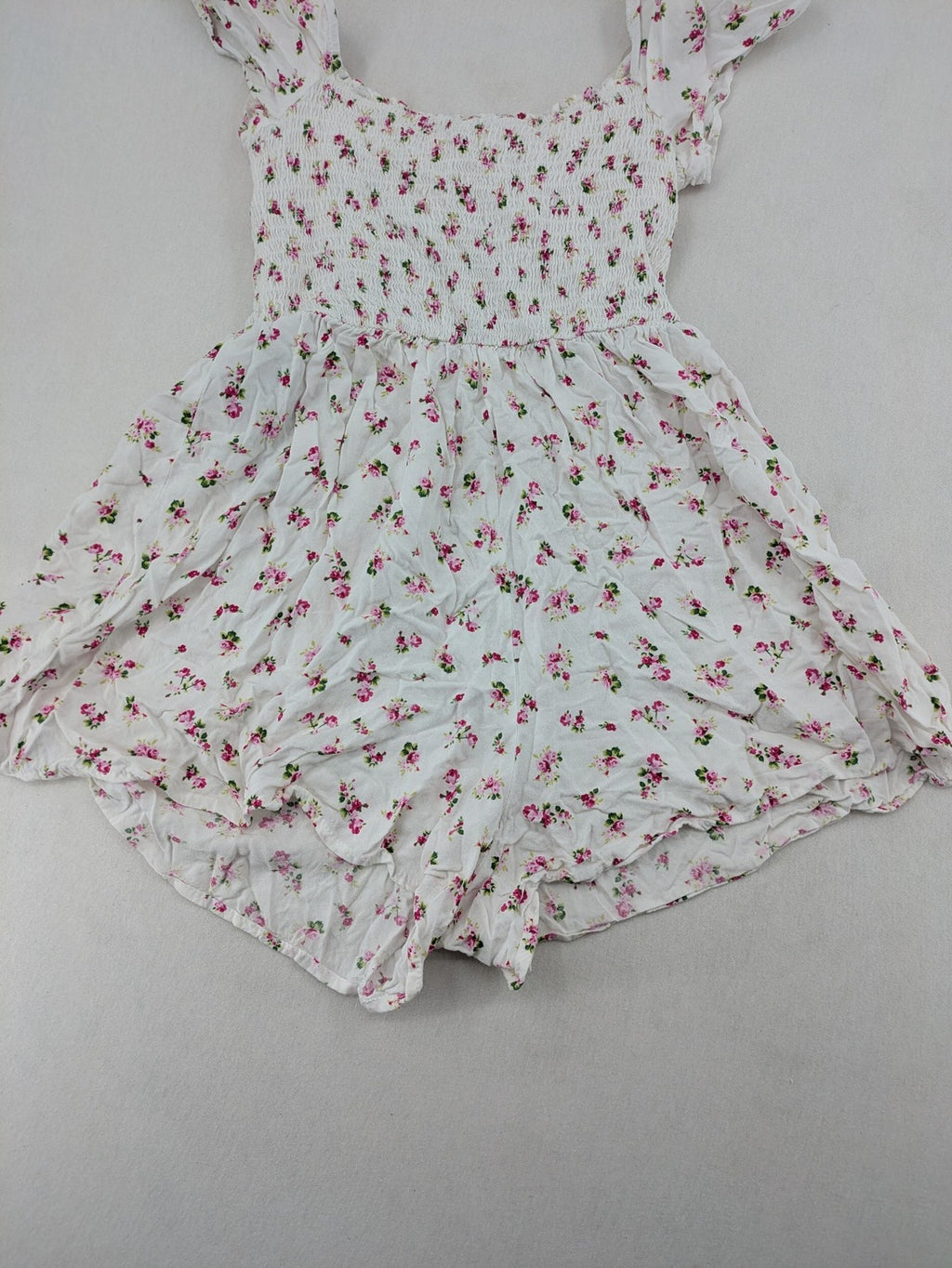 FB Sister floral playsuit white with pink flowers, smocked bodice, lightweight viscose material.