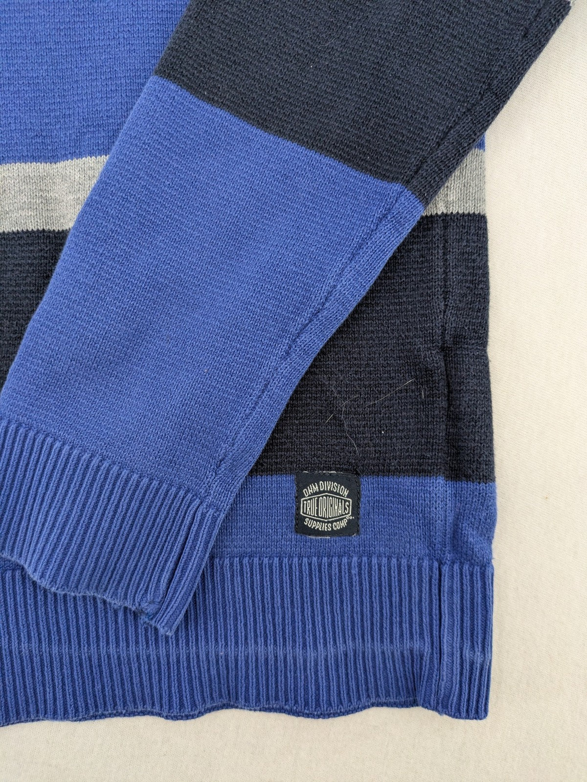 Angelo Litrico navy knit jumper striped pattern in blue, grey, and white, cotton material.