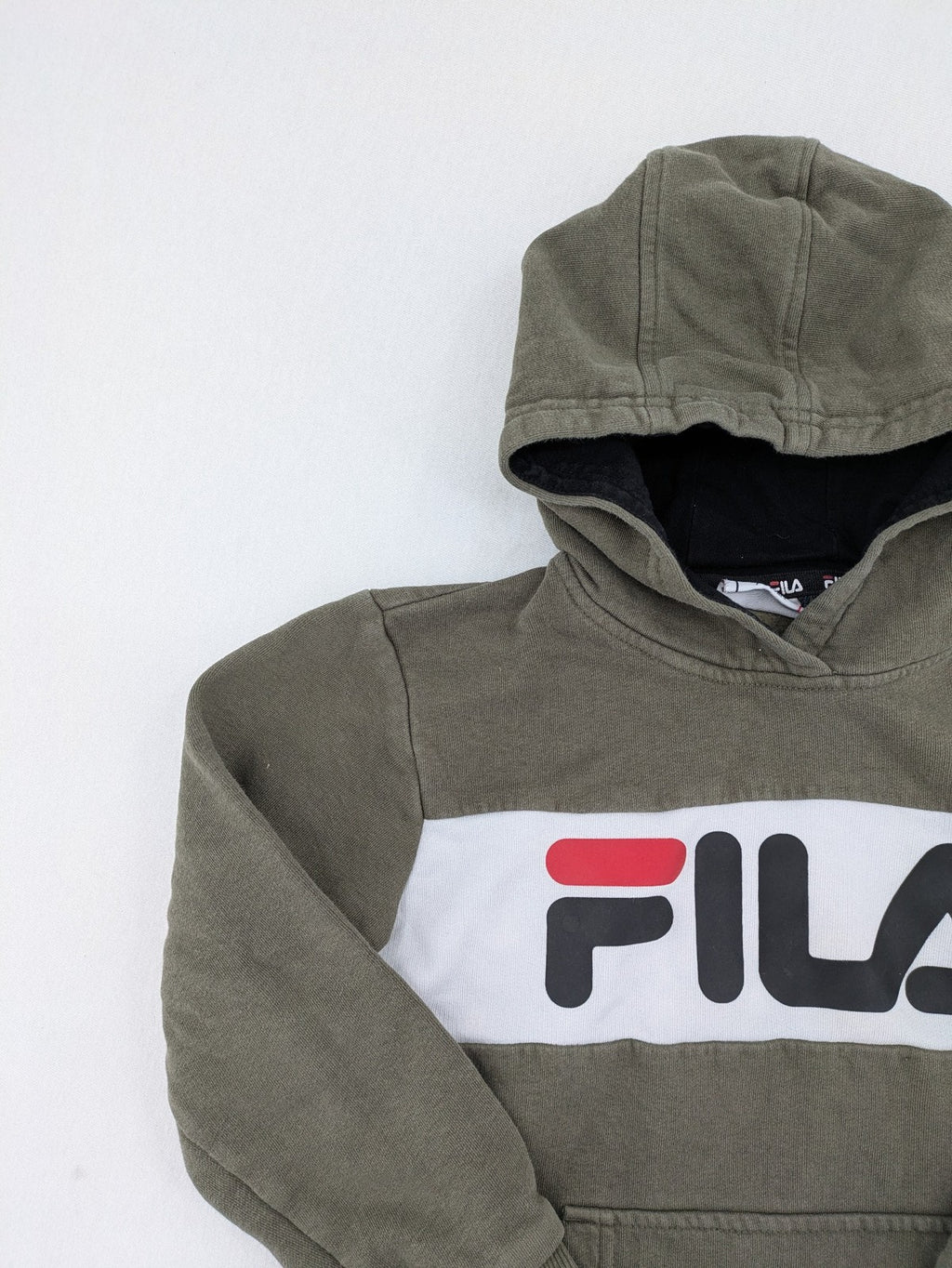 Fila turtle neck jumper khaki with large white logo and kangaroo pocket.
