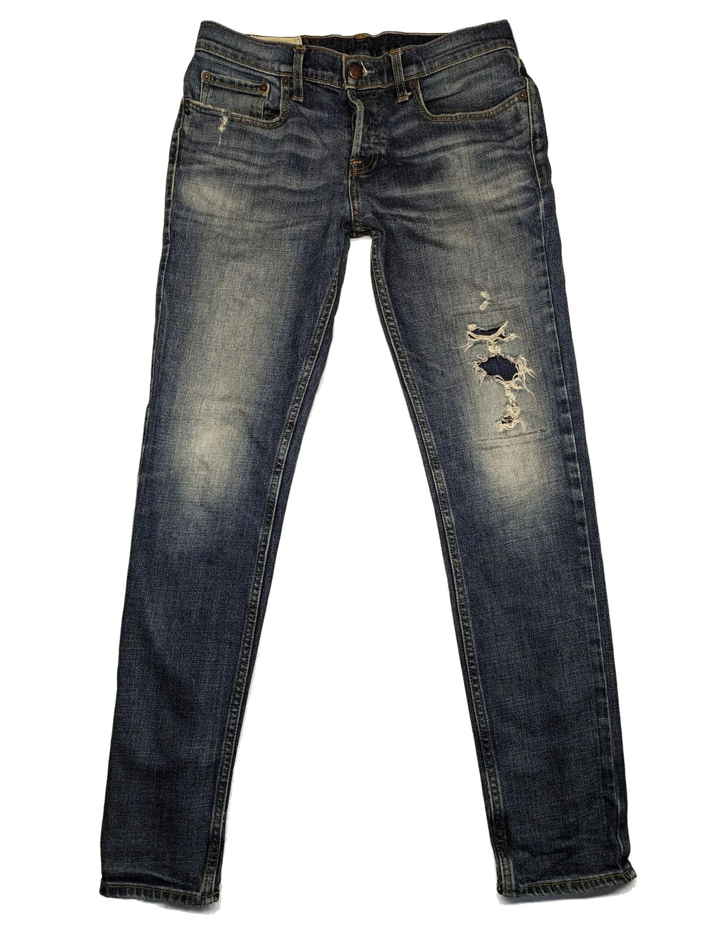 Hollister blue slim fit jeans with distressed detailing and classic button fly.