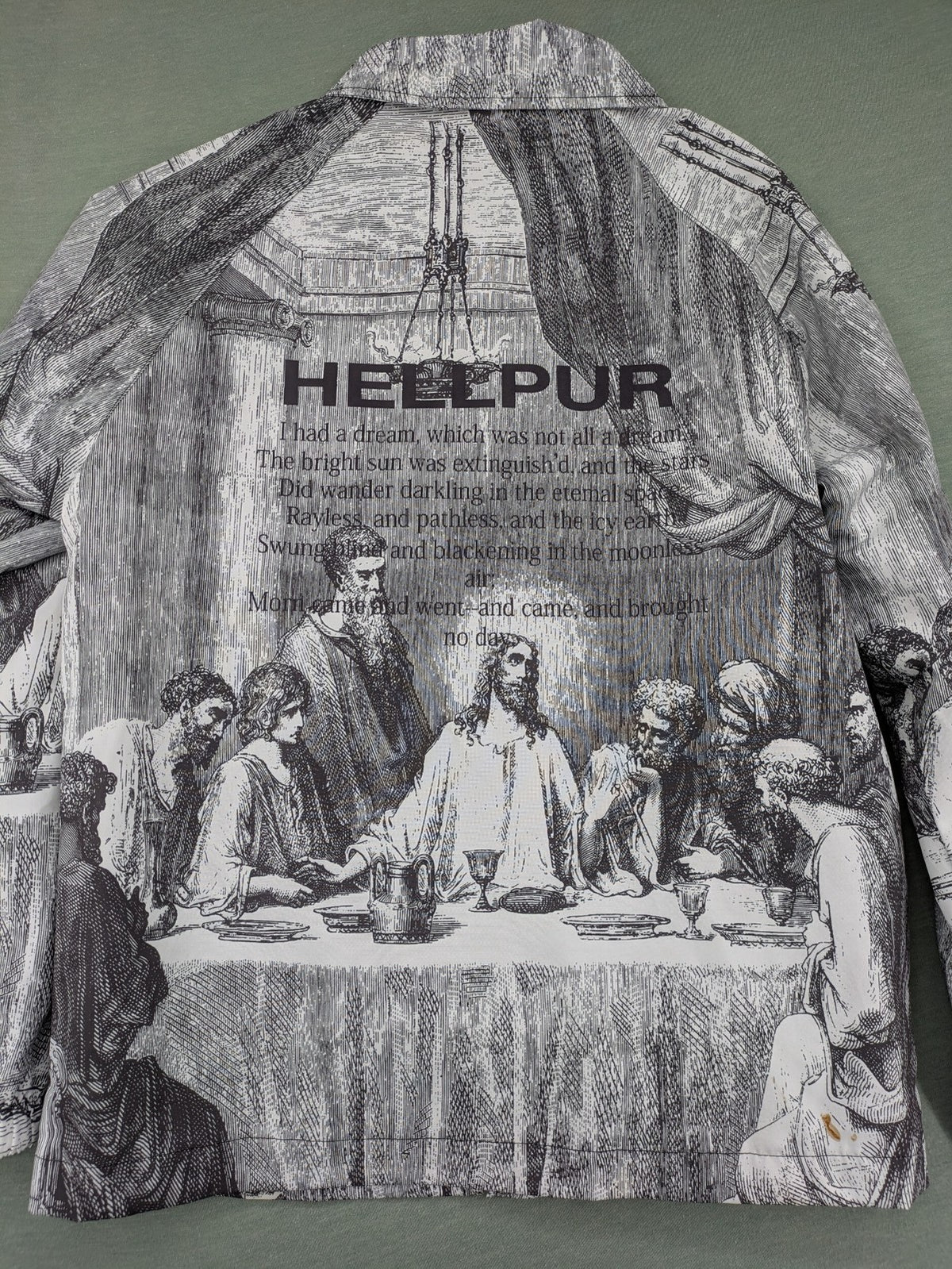 Hellpur black jacket featuring allover print of The Last Supper artwork.