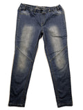 Rainbow blue straight jeans with elastic waistband and decorative knee stitching.