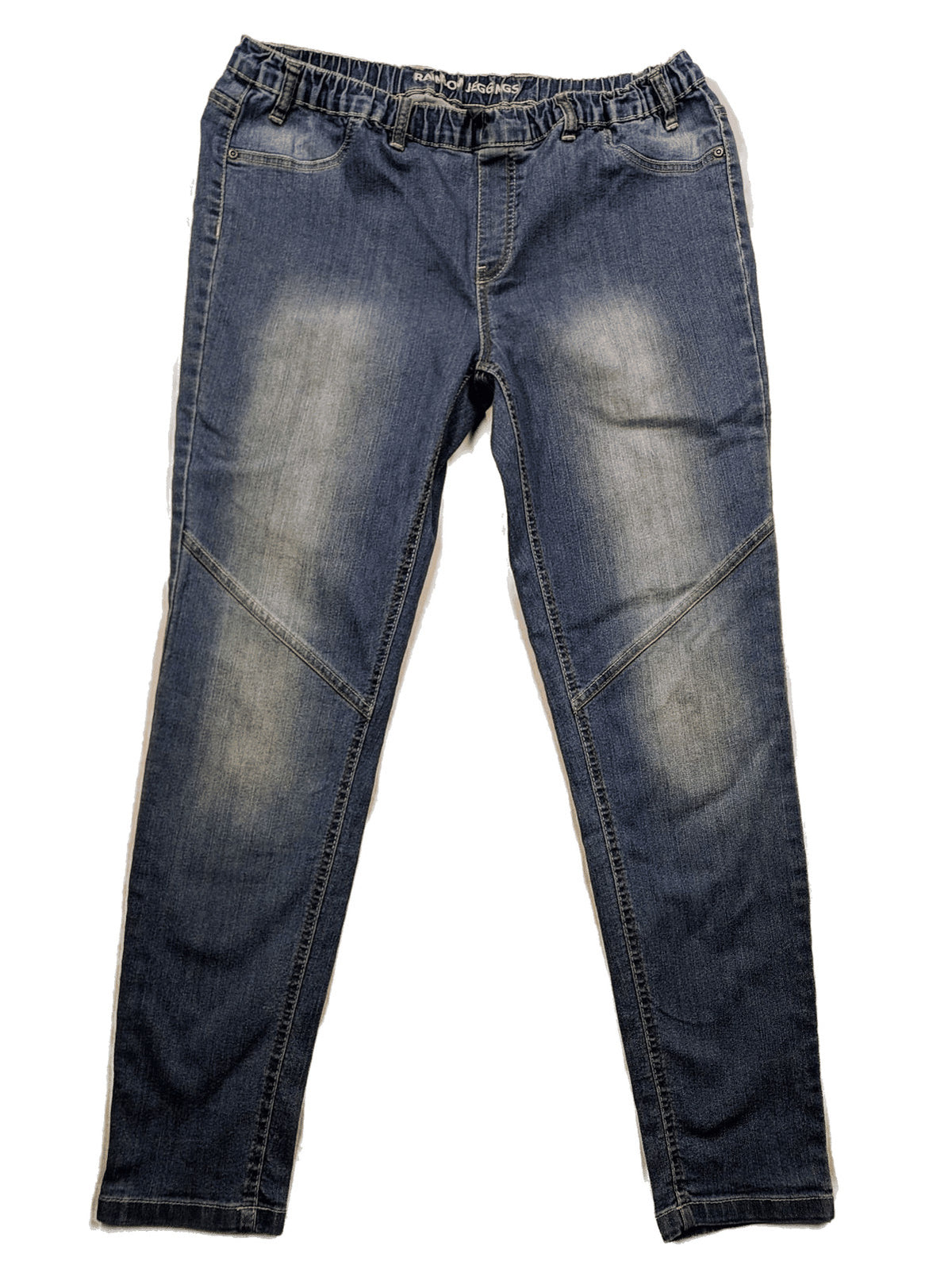 Rainbow blue straight jeans with elastic waistband and decorative knee stitching.