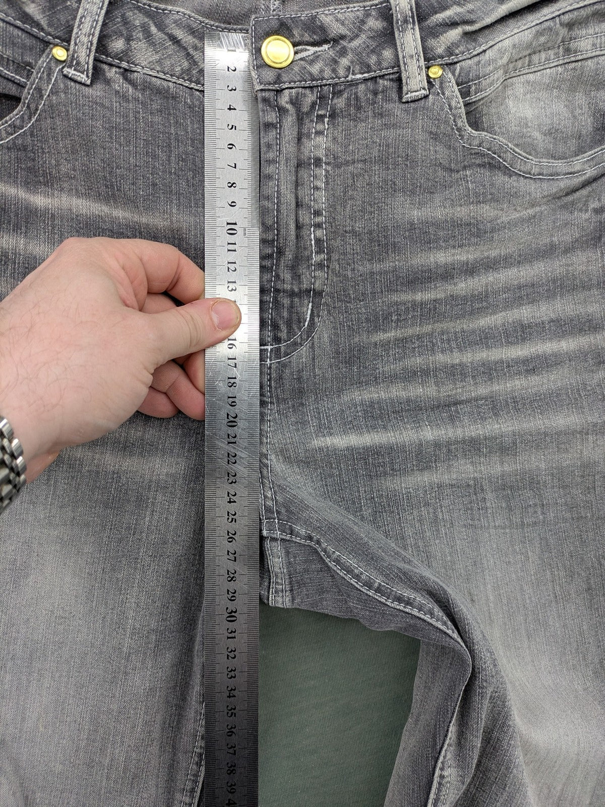 Rick Cardona grey cropped straight jeans with frayed hems and sparkling rhinestone details.