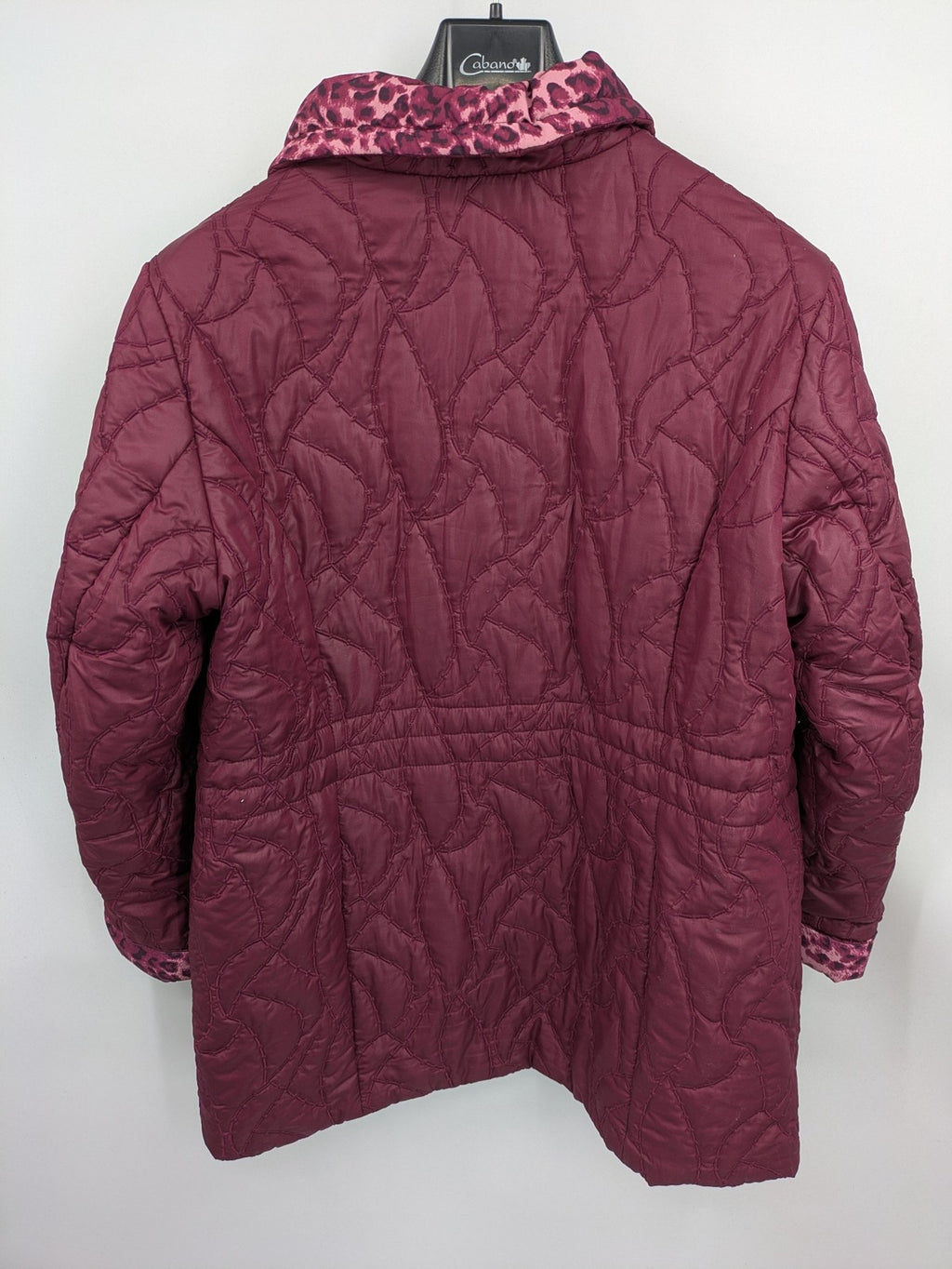 Laura Kent burgundy puffer coat with leopard print collar and cuffs, 100% polyester.