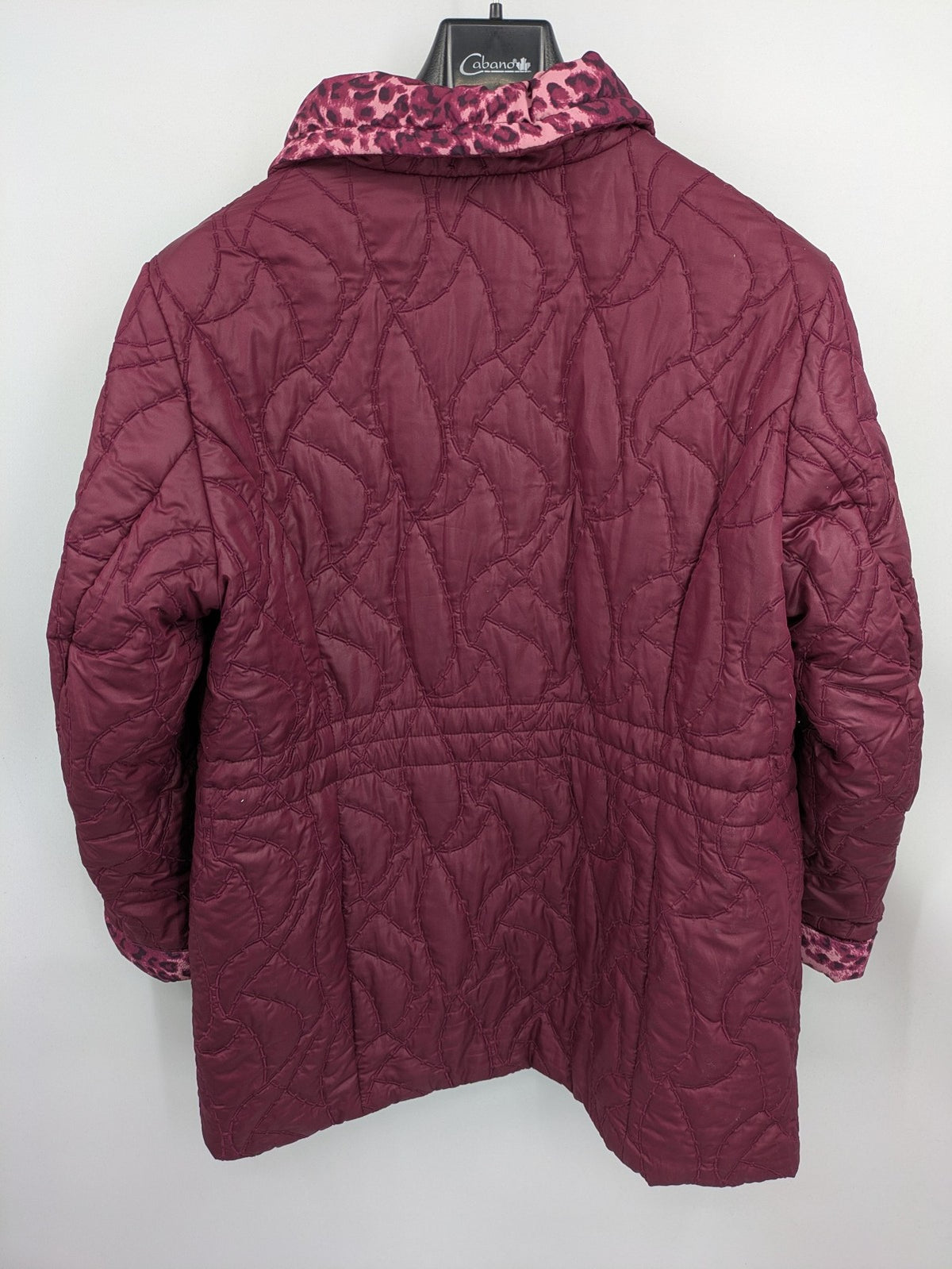 Laura Kent burgundy puffer coat with leopard print collar and cuffs, 100% polyester.