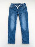 H&M blue straight jeans with elastic waistband and white drawstring, casual jogger style.