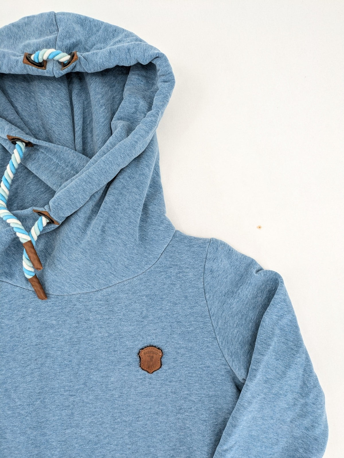 Naketano blue turtle neck jumper with unique collar and artistic leather details
