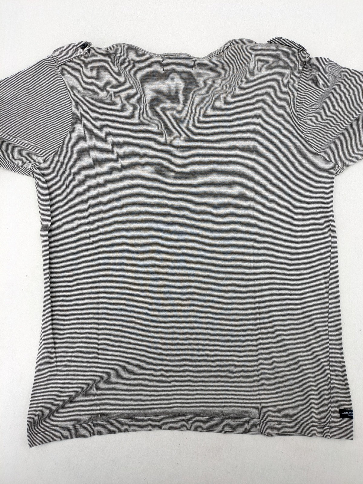 Pull&Bear grey striped Henley shirt with elbow patches and decorative shoulder flaps.