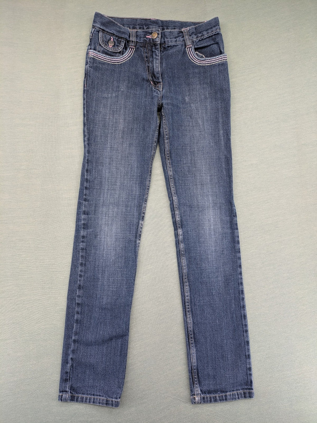 Straight Leg blue pants 100% cotton with decorative stitching and classic 5-pocket style.