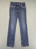 Straight Leg blue pants 100% cotton with decorative stitching and classic 5-pocket style.