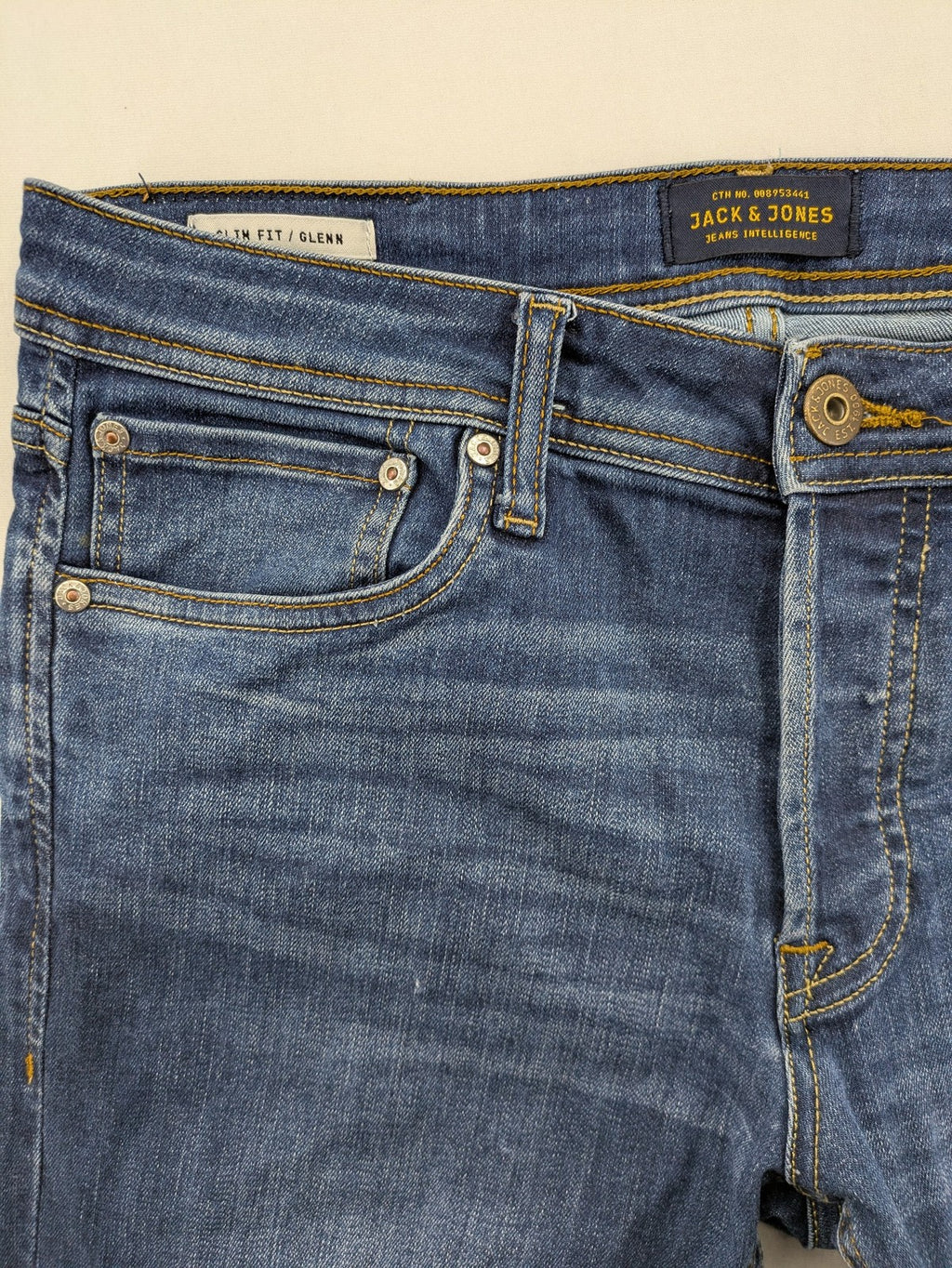 Jack & Jones blue straight jeans Glenn Slim Fit with classic button fly and denim stretch.