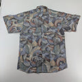 Club D'Amingo short sleeve shirt multi abstract geometric pattern in earthy tones.