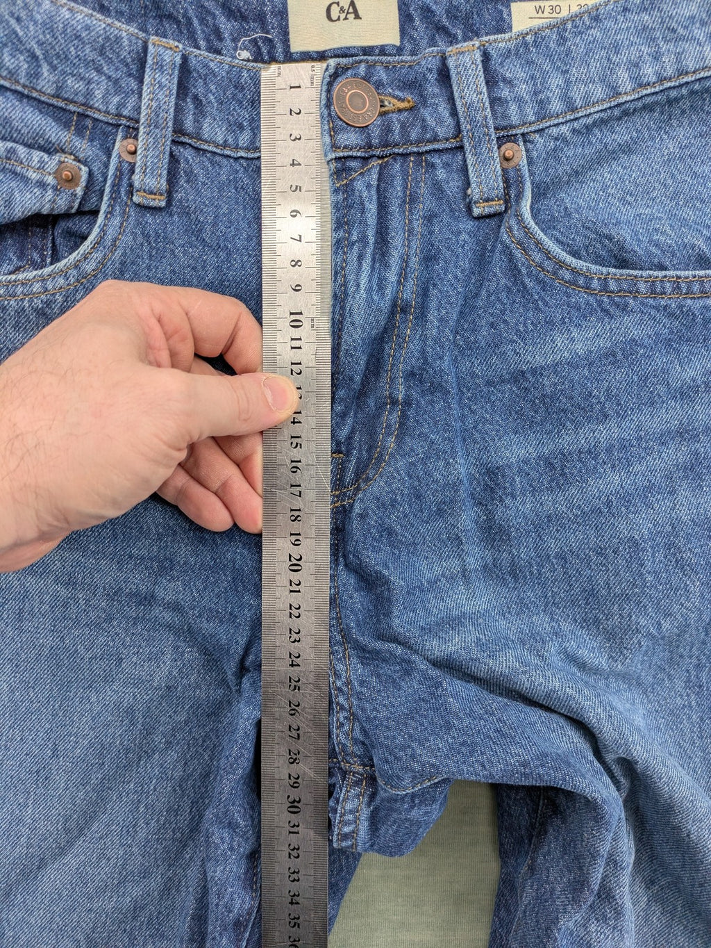 C&A blue straight jeans relaxed fit with traditional button fly and 5-pocket design.