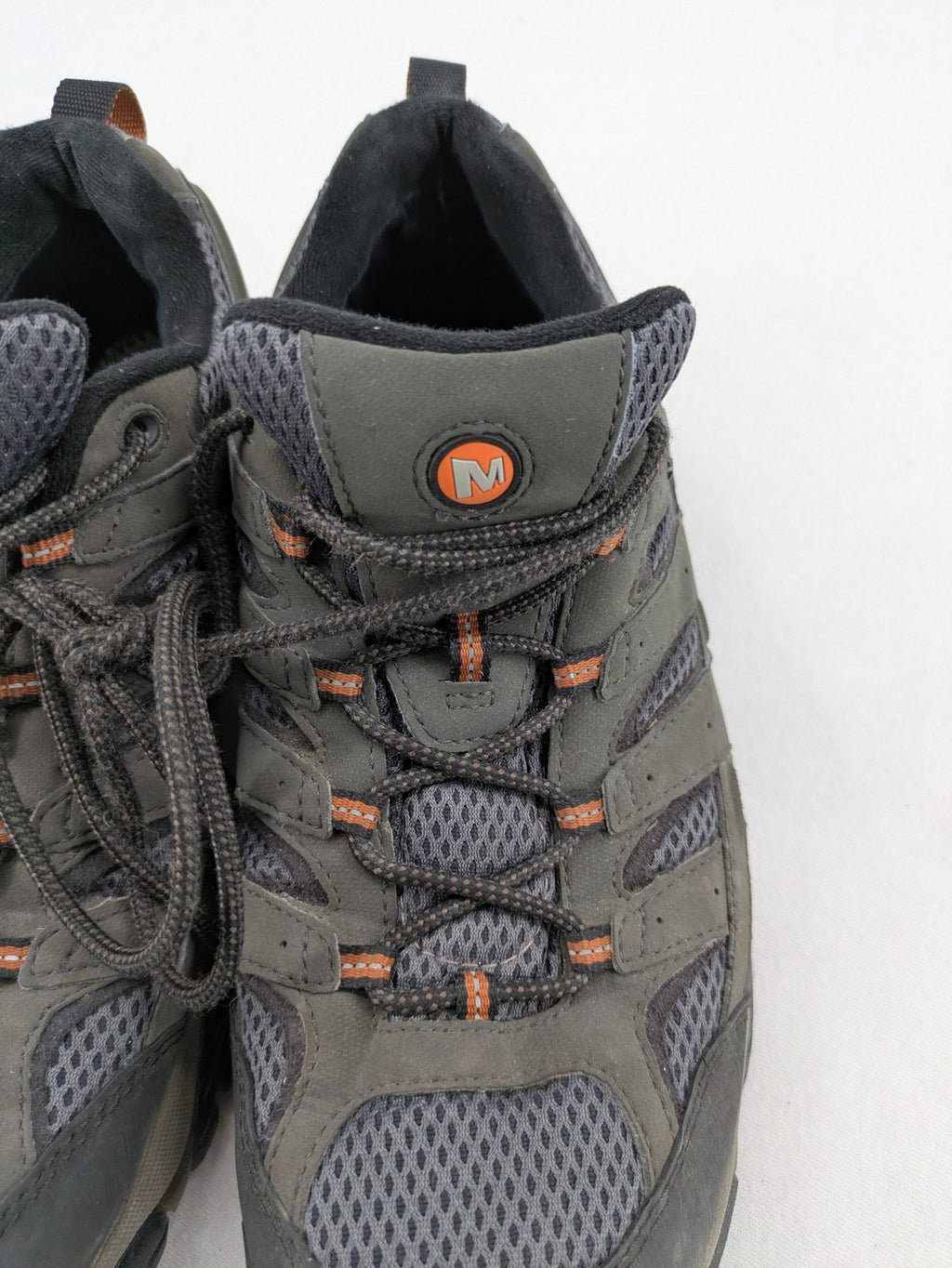 Merrell grey hiking shoes with Gore-Tex membrane and Vibram sole for traction.