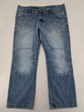 Premium Denim blue straight leg jeans with biker knee inserts and five-pocket design.