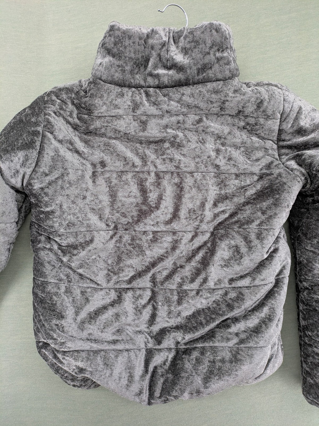 Periot grey puffer jacket with high collar and O-ring zipper detail in velvet texture.