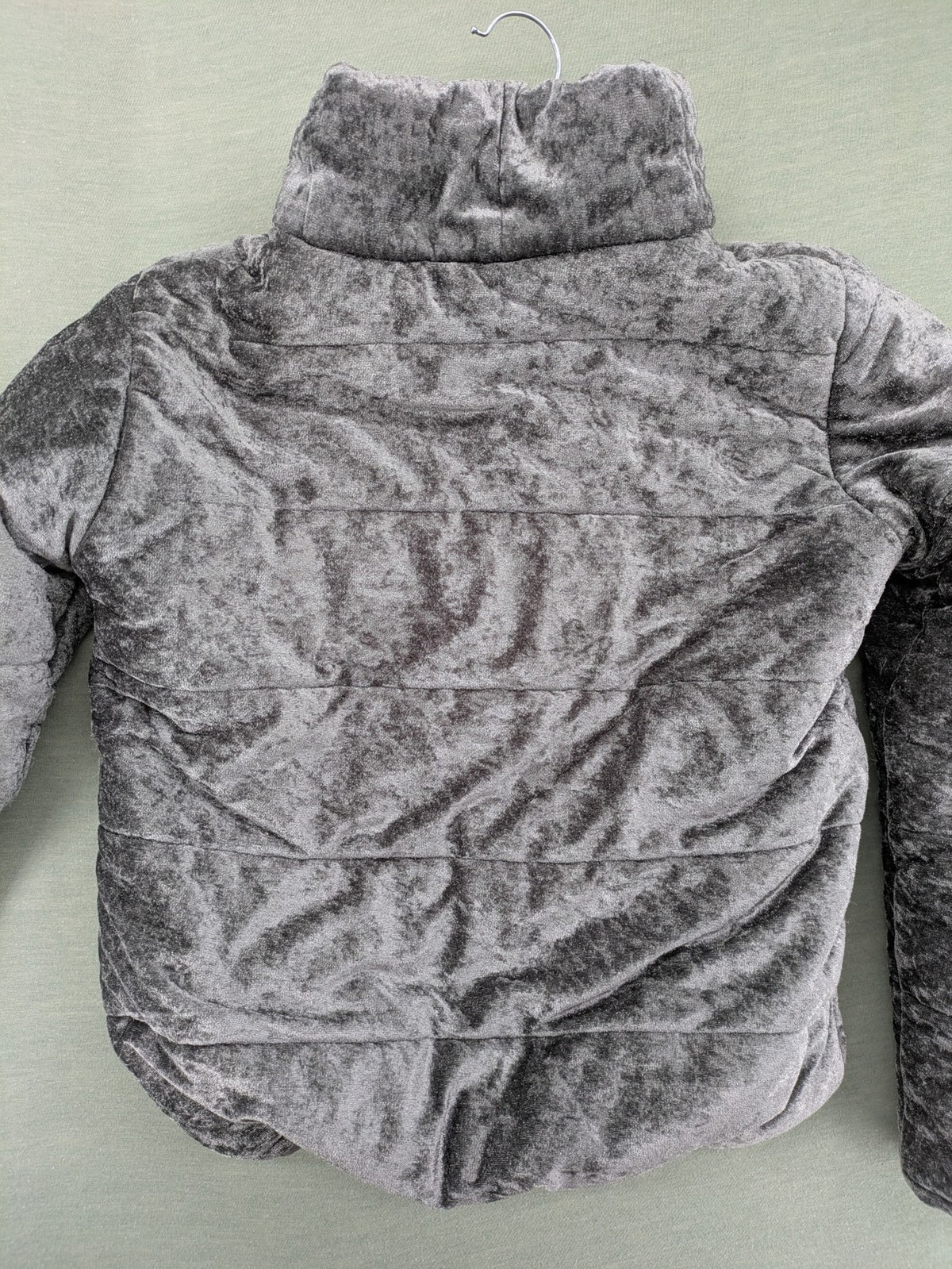 Periot grey puffer jacket with high collar and O-ring zipper detail in velvet texture.