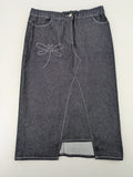 Extyn blue midi skirt with rhinestone dragonfly detail and front slit, stretchy denim fabric.
