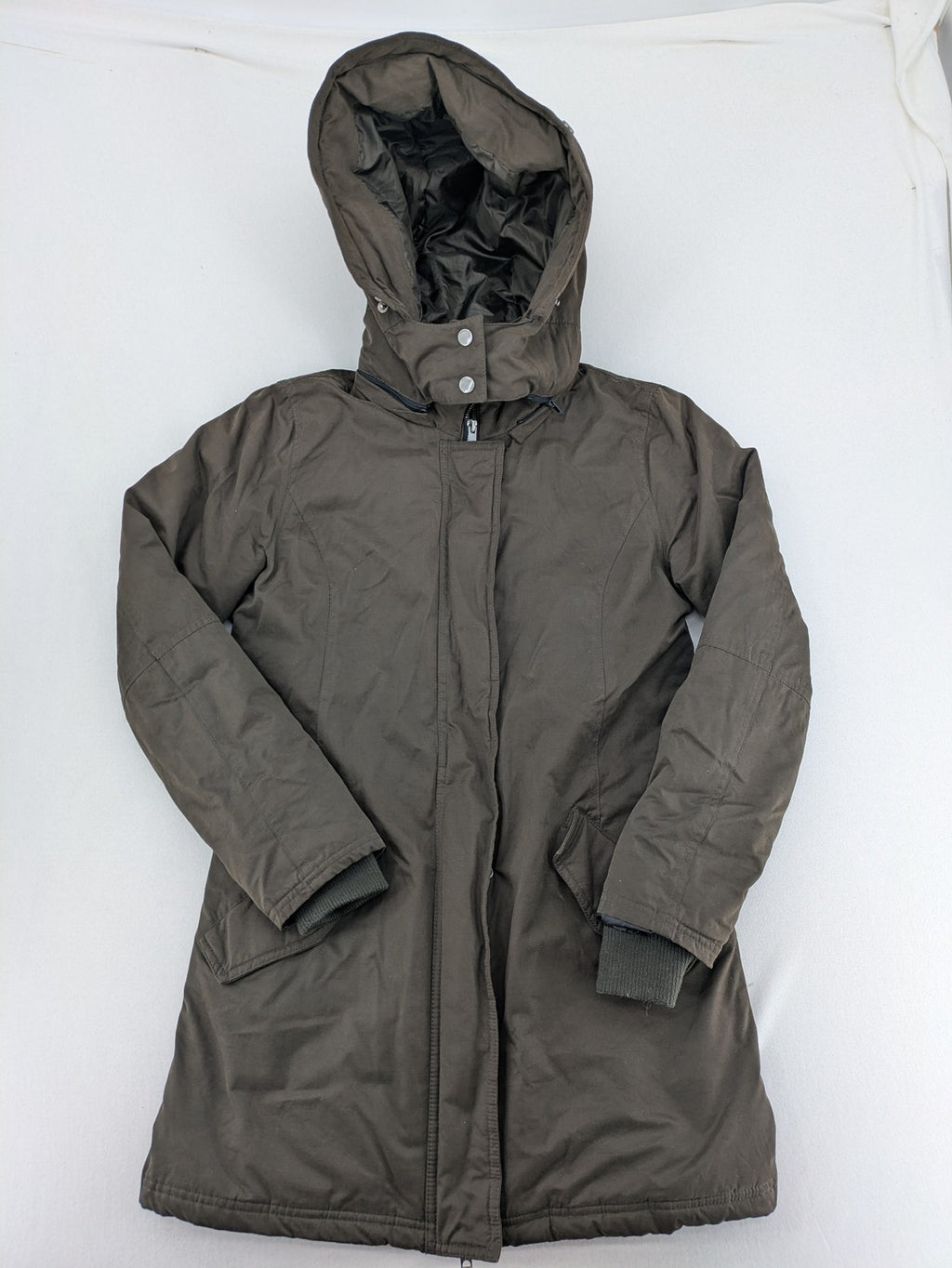 ONLY khaki parka coat with hood, quilted lining, and ribbed cuffs.