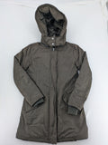 ONLY khaki parka coat with hood, quilted lining, and ribbed cuffs.