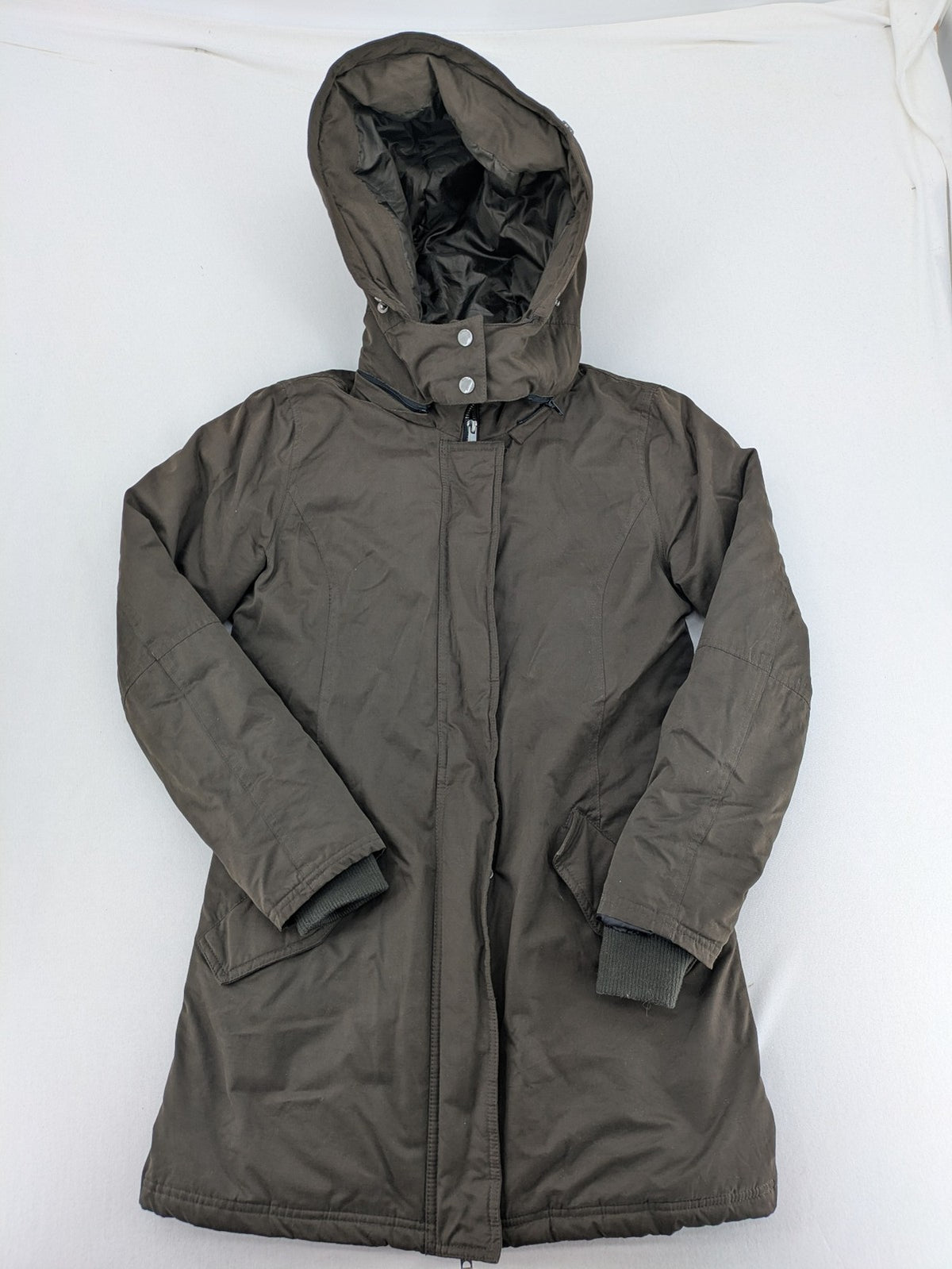 ONLY khaki parka coat with hood, quilted lining, and ribbed cuffs.