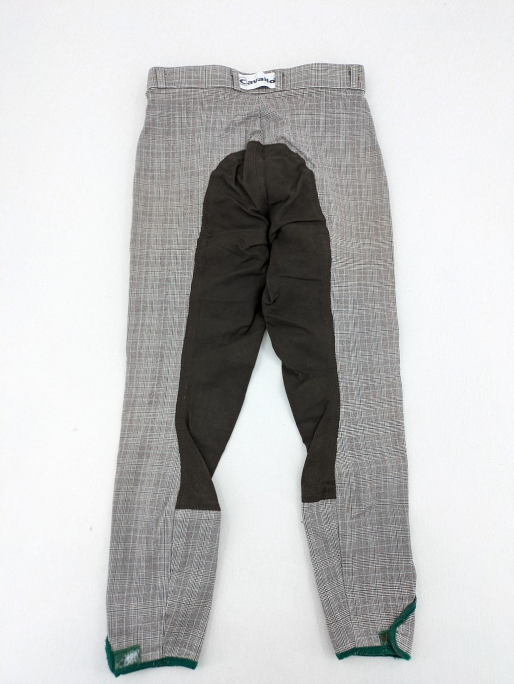 Cavallo grey check riding pants with brown full-seat patch and logo detail.