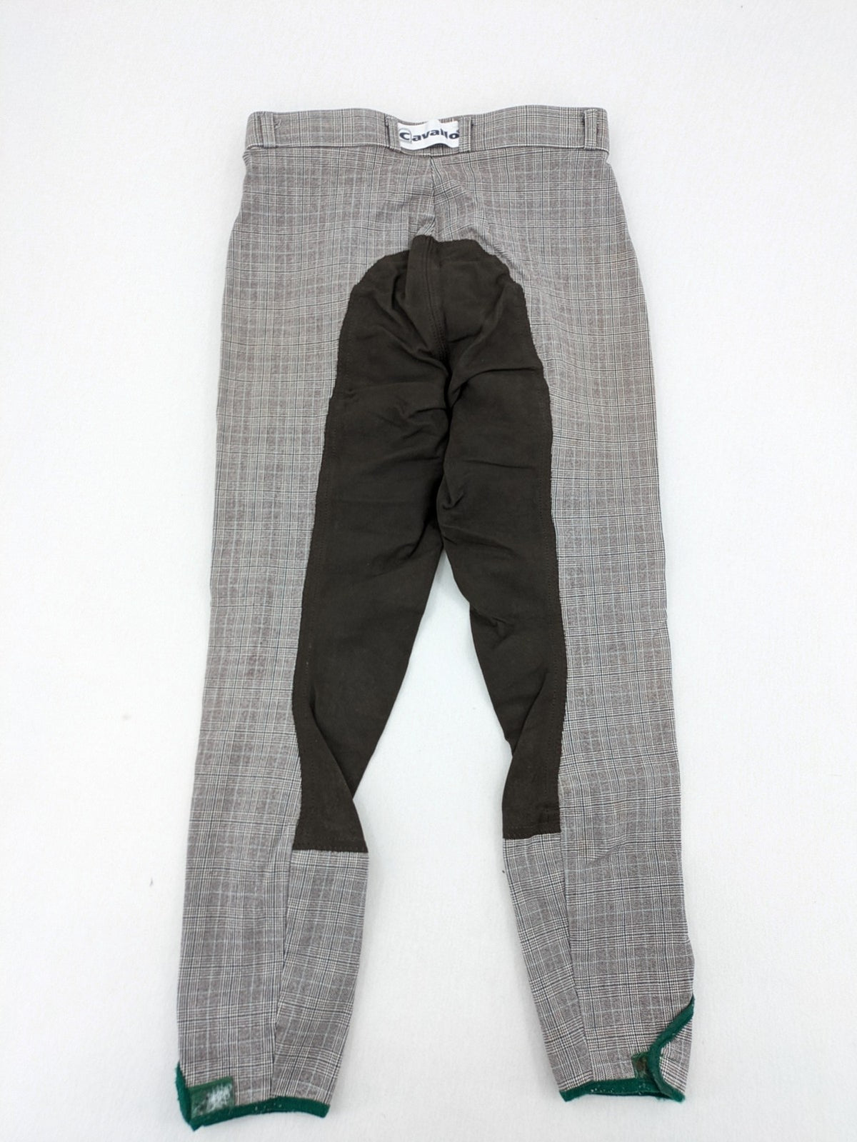 Cavallo grey check riding pants with brown full-seat patch and logo detail.