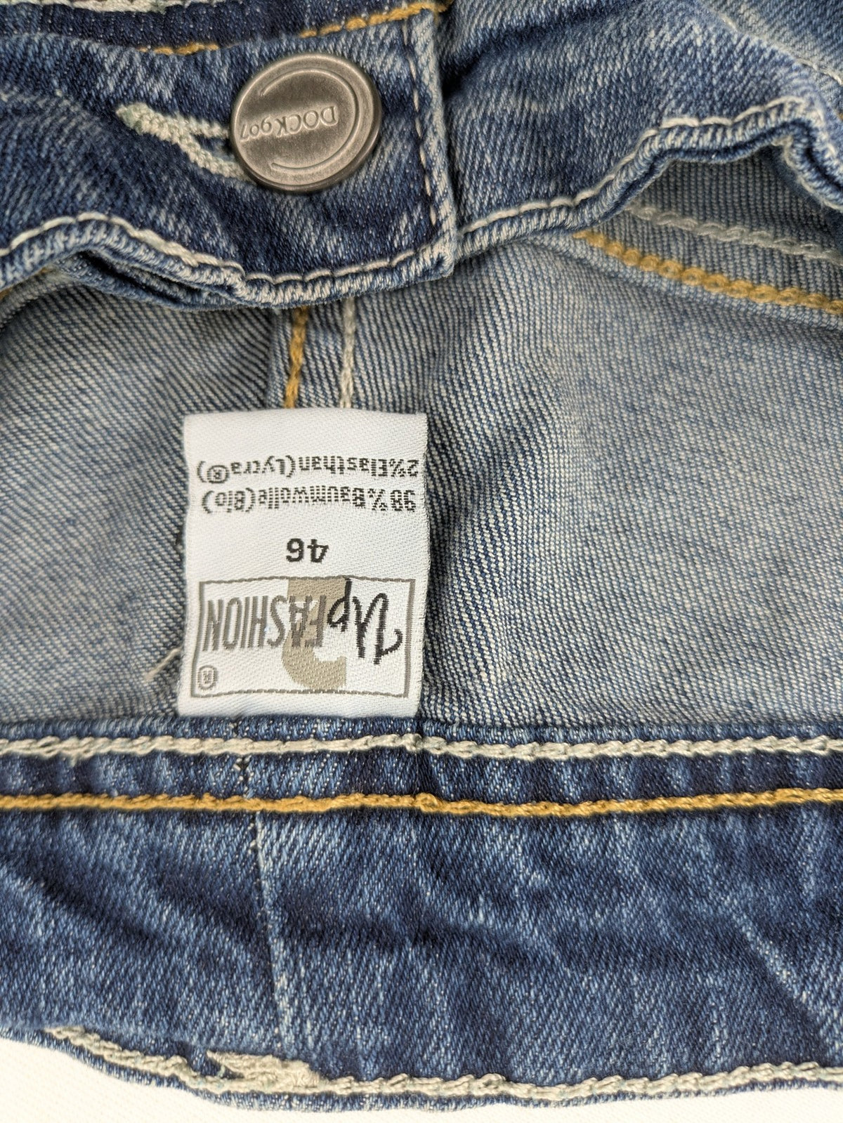 Up Fashion blue denim capri shorts, 5-pocket style, elastic waistband, soft cotton blend.