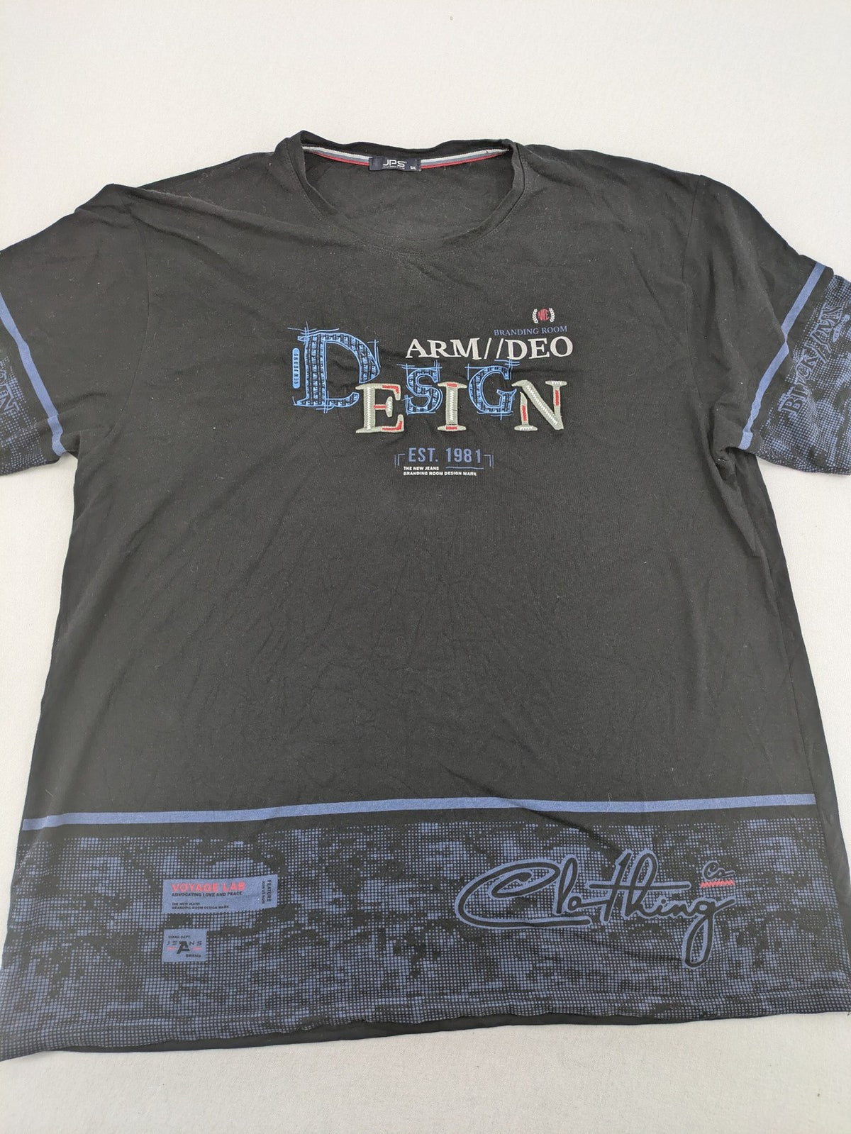 Pedro multi graphic t-shirt size 5XL with embroidered design and contrasting sleeve patterns.