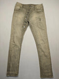 Mozaar beige straight jeans with unique asymmetrical button placket and practical pockets.