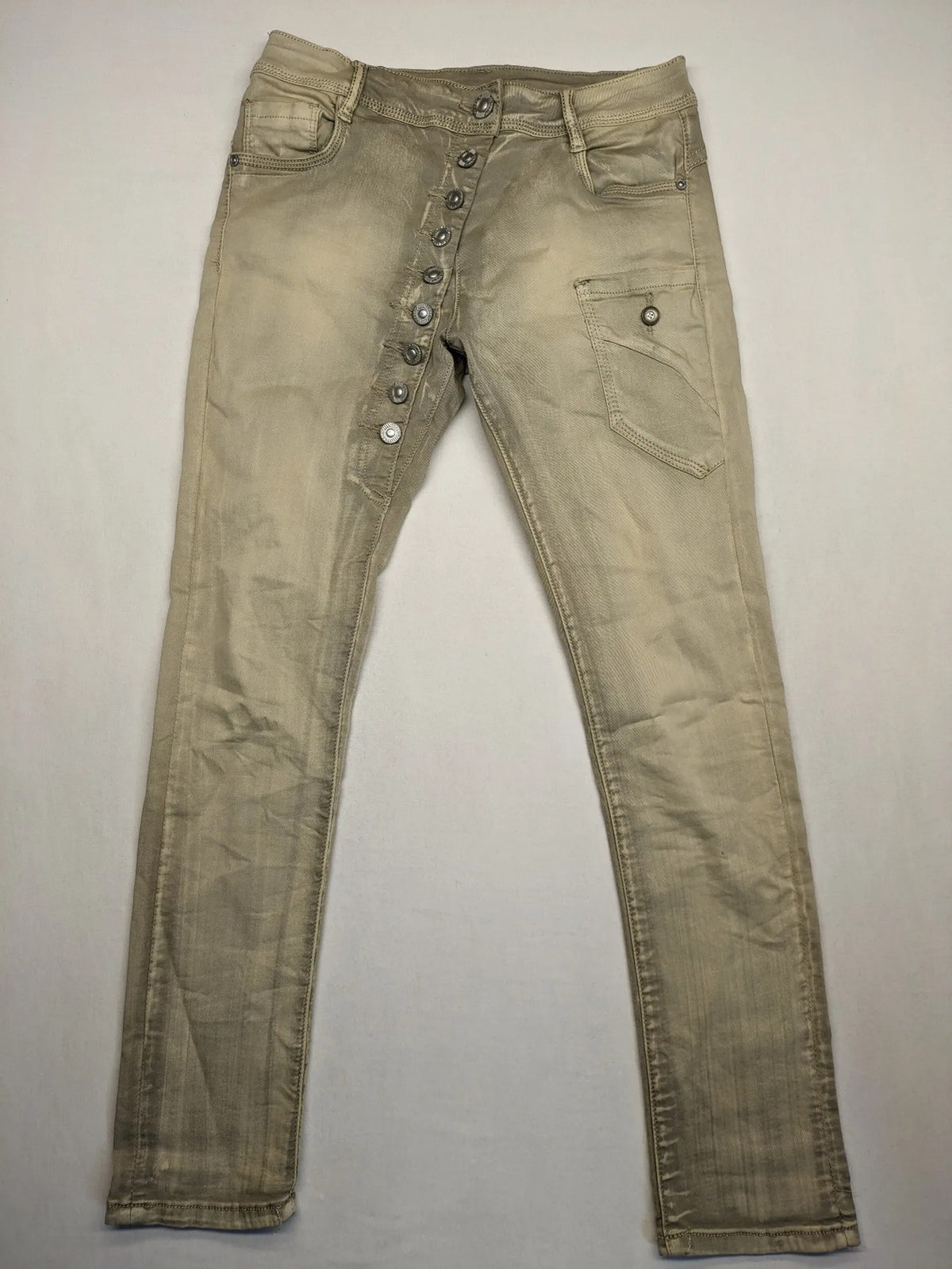 Mozaar beige straight jeans with unique asymmetrical button placket and practical pockets.