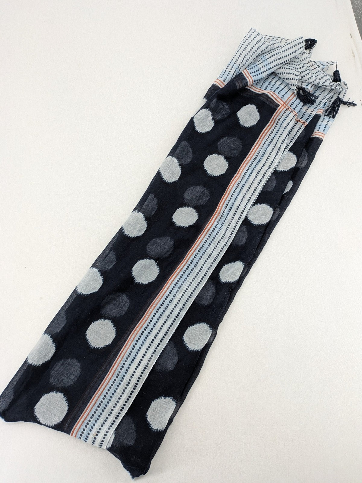 Gerry Weber multi scarf dark blue and white polka dots and stripes with tassels.