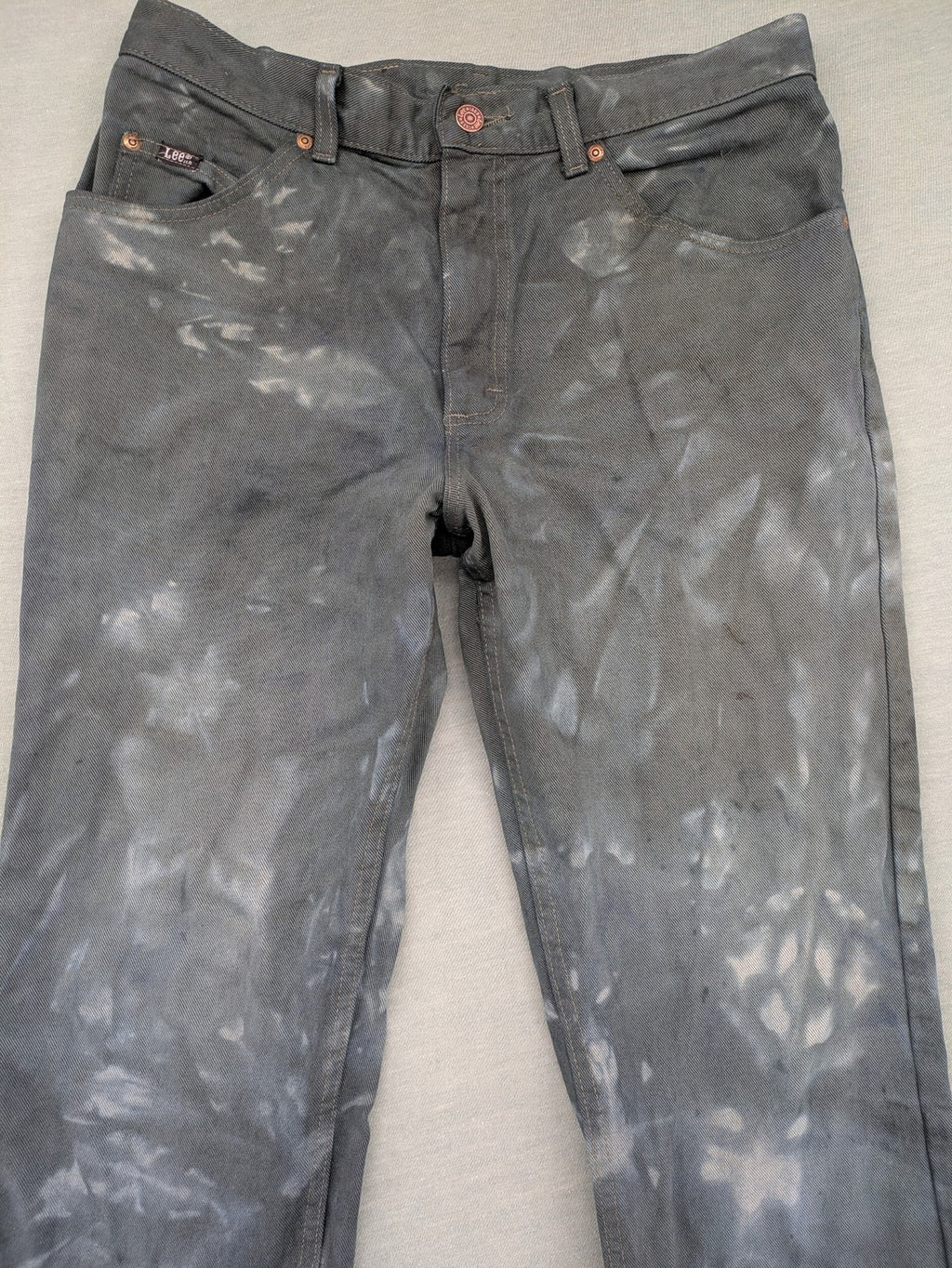 Lee straight jeans grey and white custom tie-dye acid wash with classic 5-pocket style.