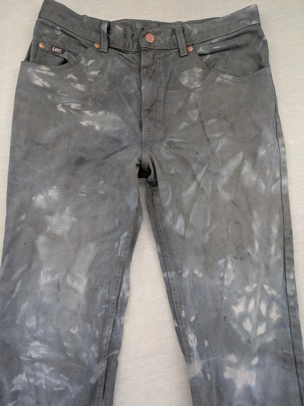 Lee straight jeans grey and white custom tie-dye acid wash with classic 5-pocket style.