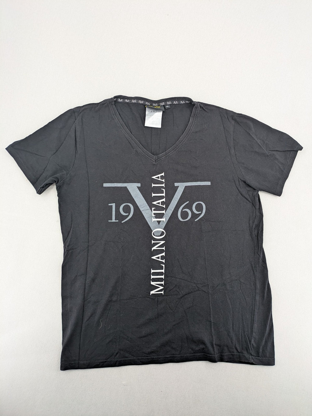 Versace 19.69 black short sleeve t-shirt with graphic logo print and V-neck design.