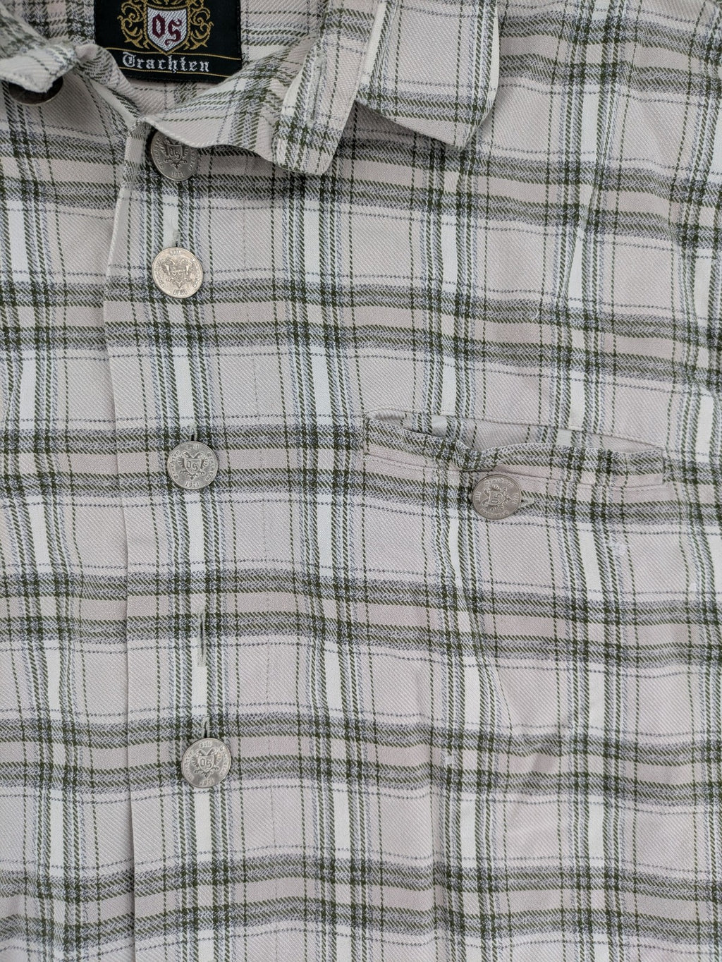 OS Trachten dirndl shirt grey green checkered cotton with decorative buttons and chest pocket