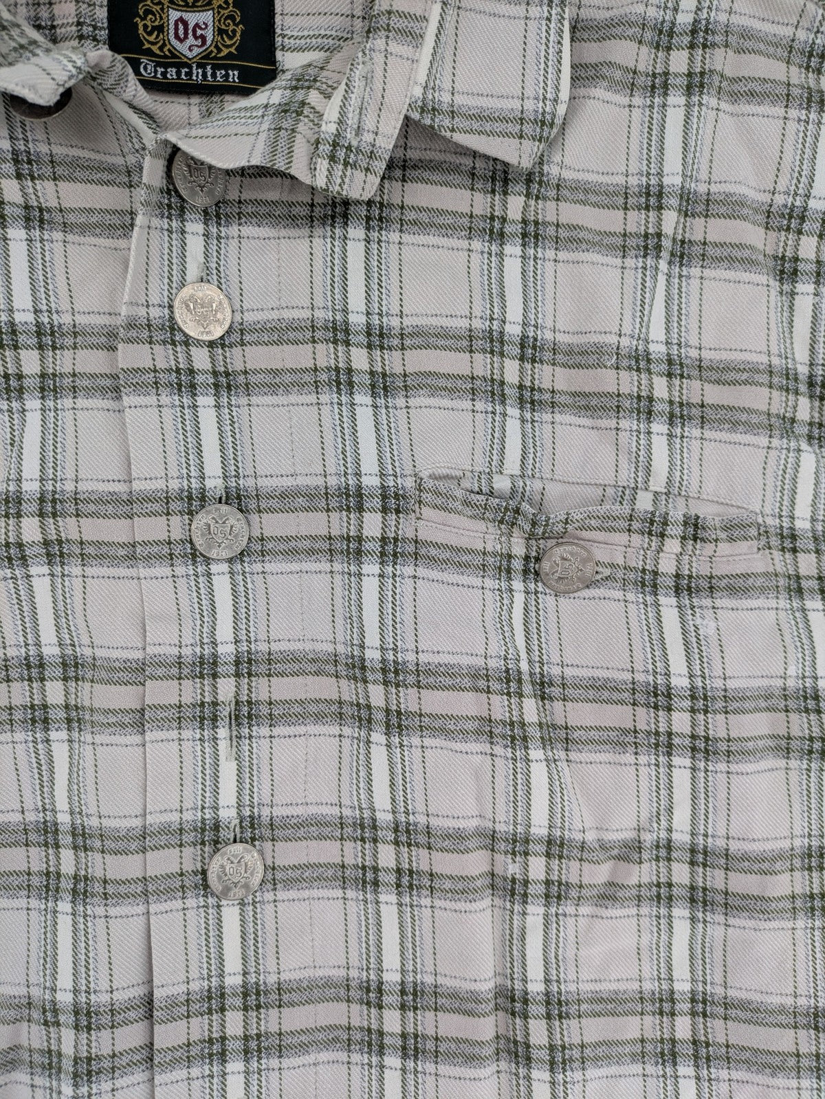 OS Trachten dirndl shirt grey green checkered cotton with decorative buttons and chest pocket