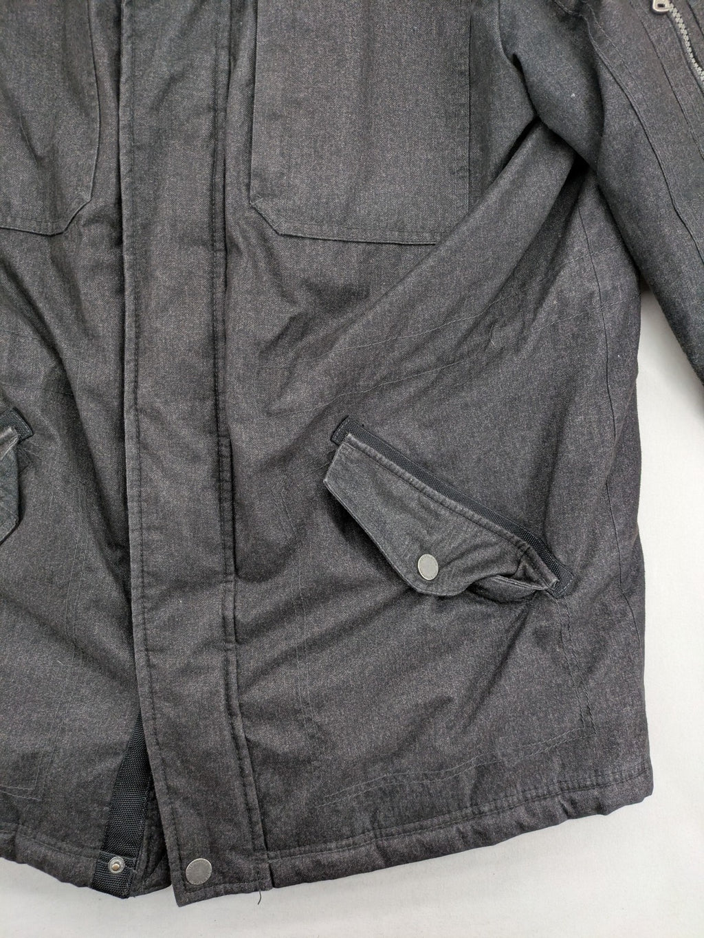 Rover & Lakes grey jacket with hood, quilted lining, and multiple pockets.