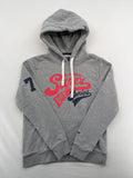 Superdry grey hoodie with Sonics logo, number 7 detail, kangaroo pocket, and drawstring hood.