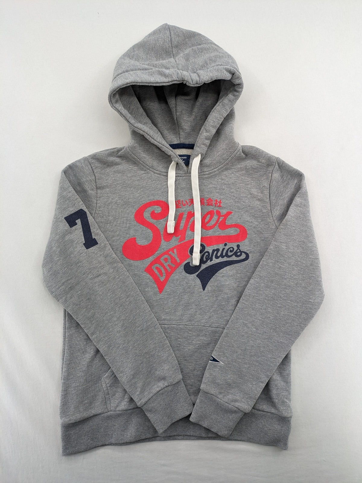 Superdry grey hoodie with Sonics logo, number 7 detail, kangaroo pocket, and drawstring hood.