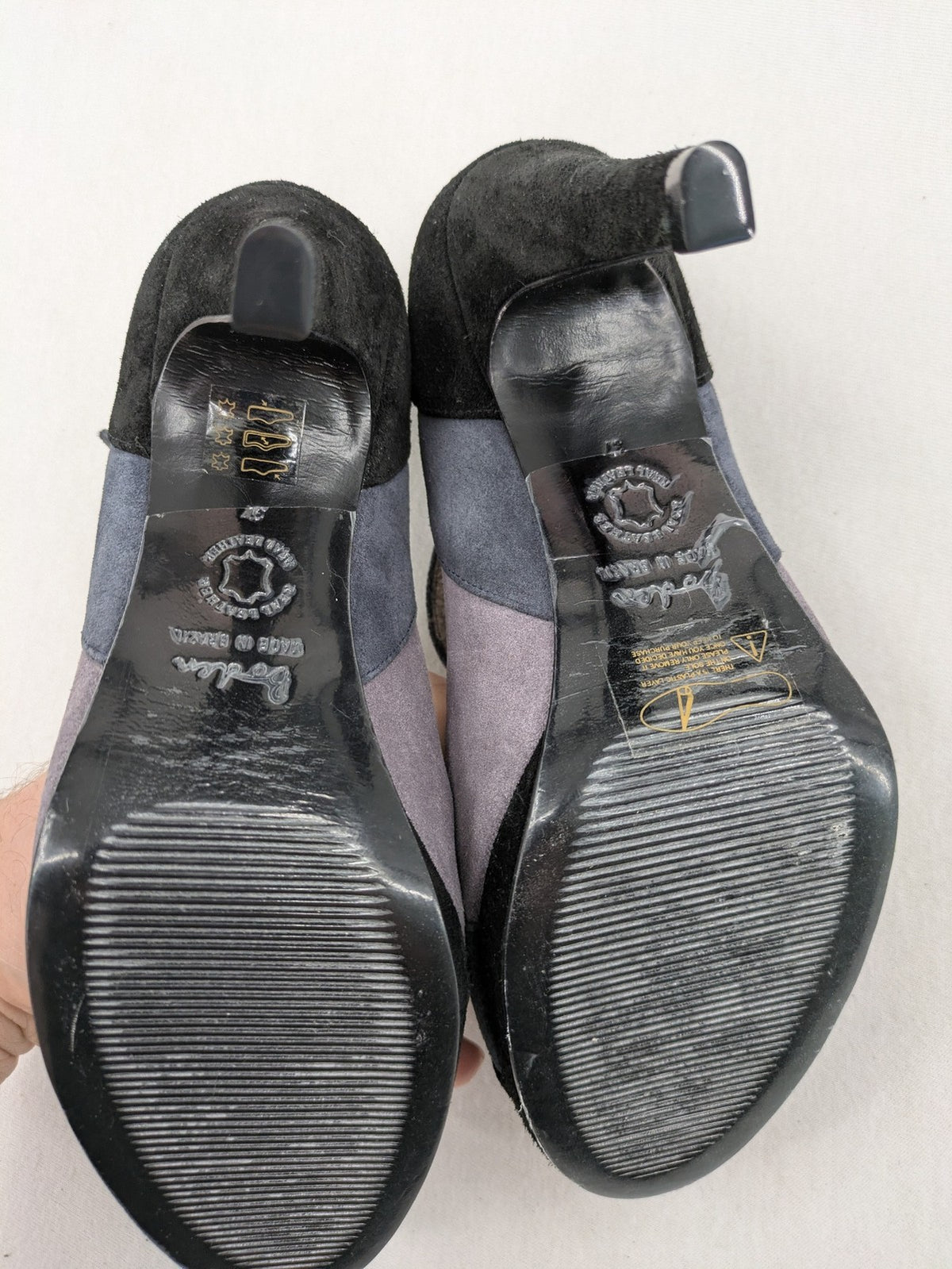 Boden multi high heels suede colorblock design with T-strap and ankle buckle.