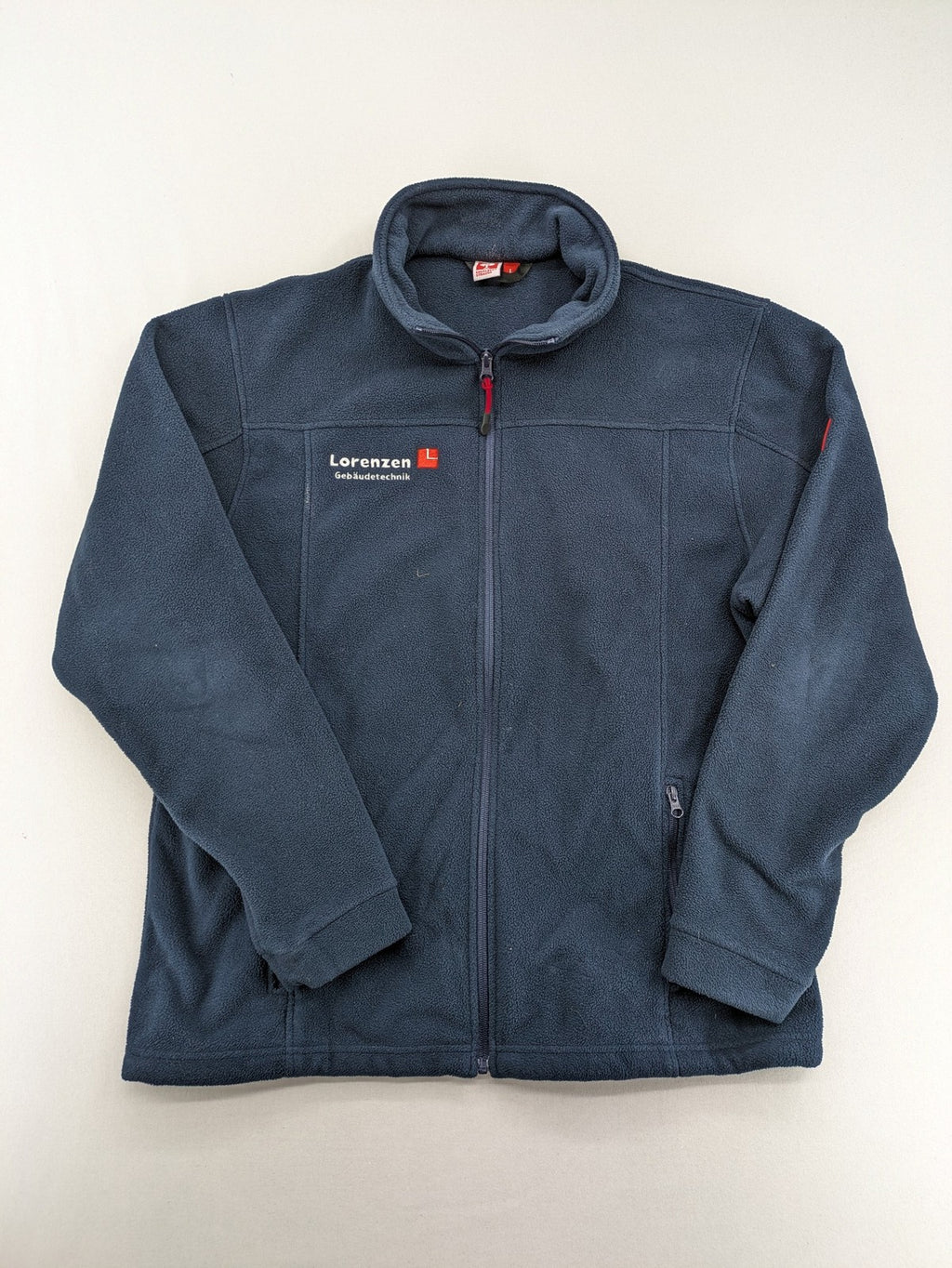 engelbert strauss navy fleece jacket embroidered Lorenzen Gebäudetechnik logo, full zip